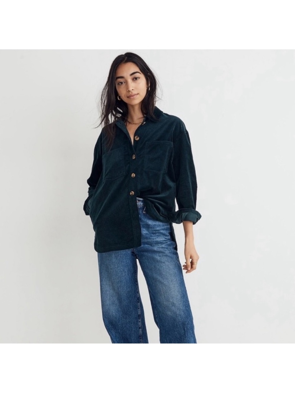 Madewell Corduroy Button-Down Shirt jacket in Deep Green